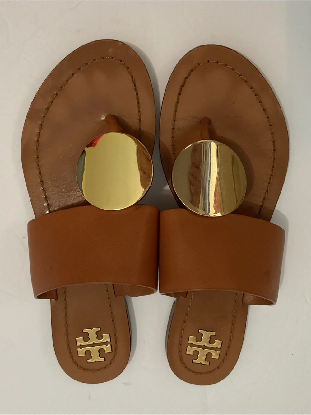 Tory Burch Patos Gold Disk Luxury Leather Top & Bottom Sandal Mou Cognac Brown 6